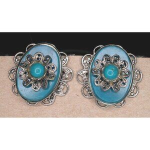 Vintage Silver-Tone Clip-On Earrings With Blue Enamel & Filigree Floral Design